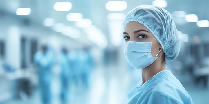 Confident female surgeon wearing surgical mask and cap, standing in operating room with medical team working in background, representing healthcare, surgery, and medical professionalism