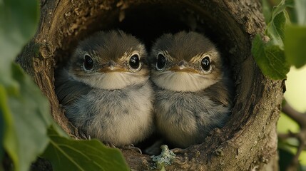 Two baby birds in a tree nest.