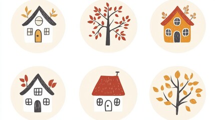 Minimalist icons of seasonal houses depicting spring, summer, autumn, and winter, showcasing seasonal transitions and creative architectural symbolism in a sleek vector style
