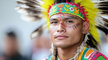 Portrait of a Native American man in traditional headdress and paint.