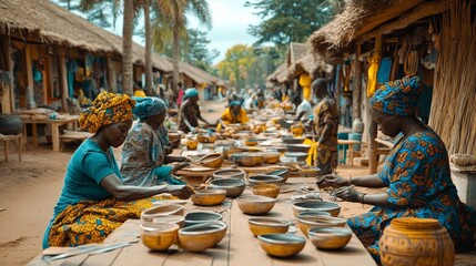 Obraz premium Vibrant Artisan Workshop Women Crafting Traditional Handmade Goods in Open-Air Market