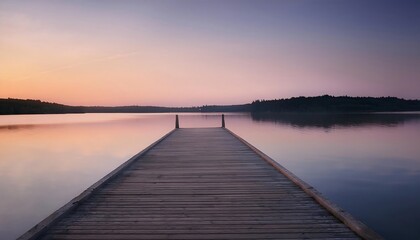 Tranquil dock at sunset over calm water.