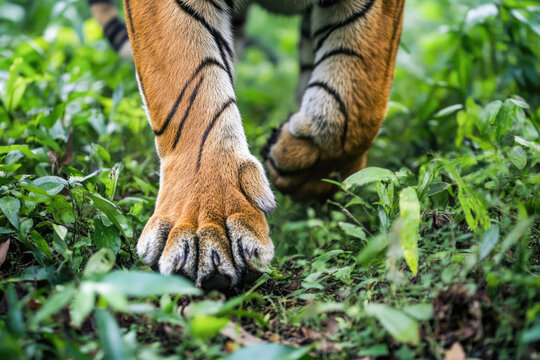 Close-up of tiger paws walking through lush green forest