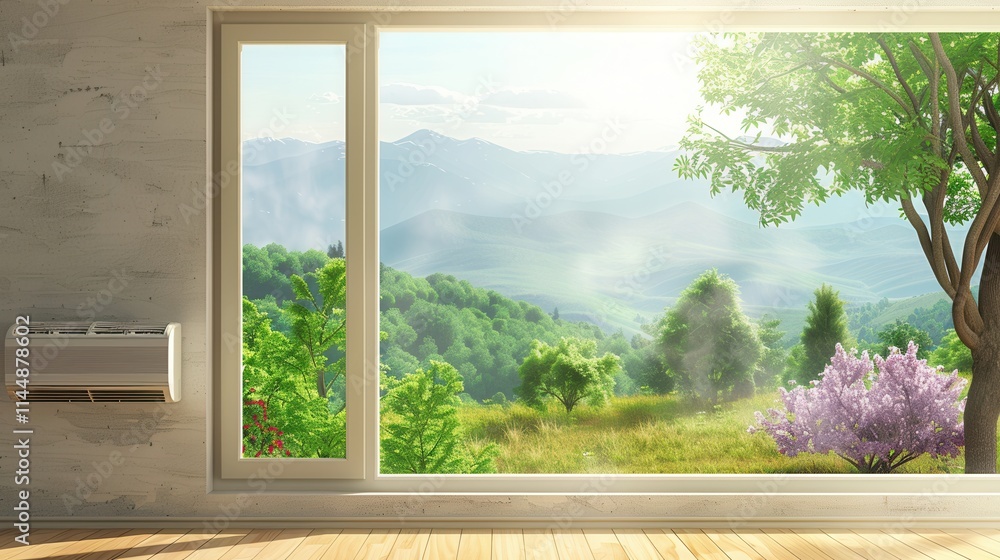 Aufkleber Air conditioner mounted on wall beside open window showcasing beautiful mountain view and greenery. Generative AI