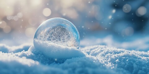 Elegant glass snow globe with intricate snowflake patterns resting on pristine snow under soft snowfall