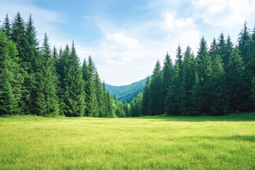 Fototapeta premium Lush green forest with open meadow under clear blue sky