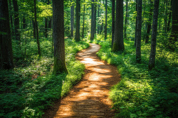 Obraz premium Serene forest path winding through lush greenery on a sunny day