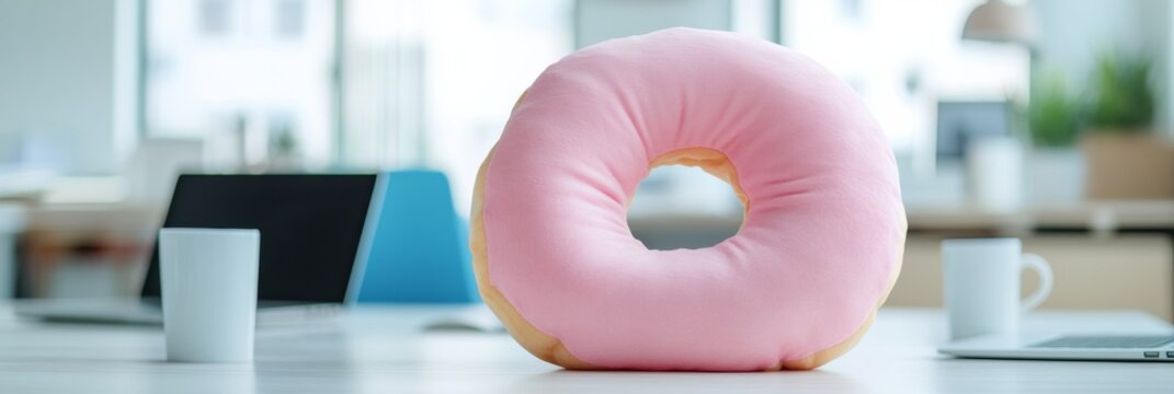 Humorous Wearable Donut Pillow in Modern Office Setting Quirky Comfort Innovation