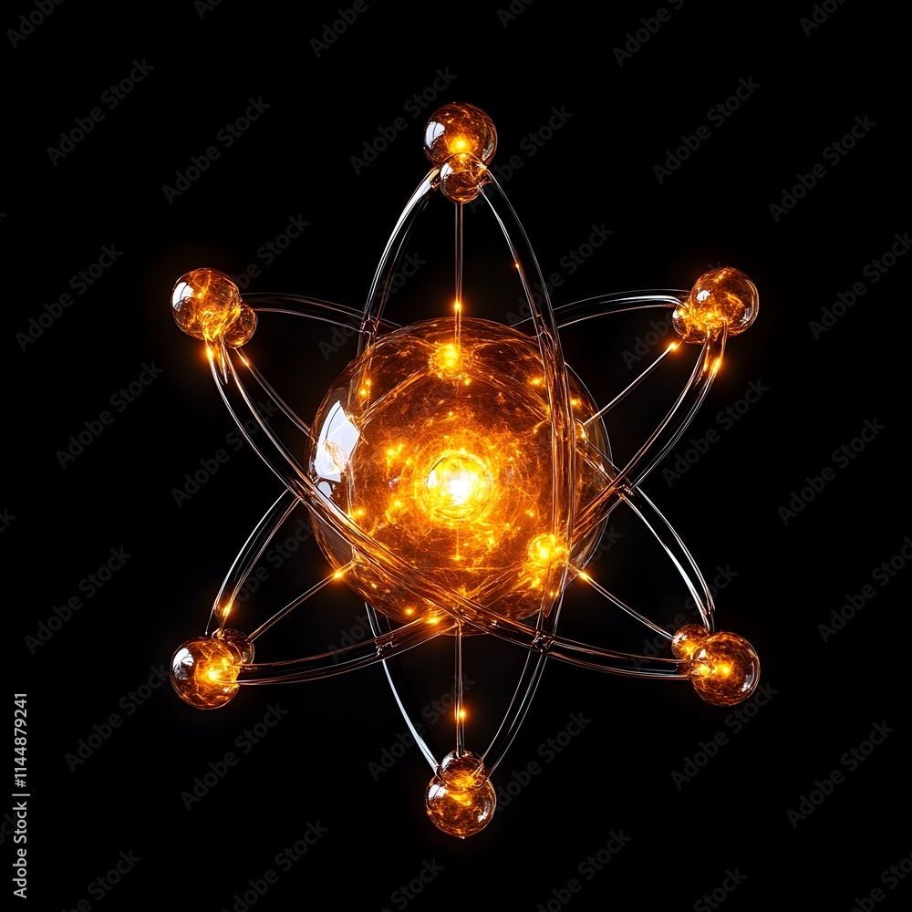 Poster exploded view of a technetium atom unveiling its internal components and highlighting the role of el