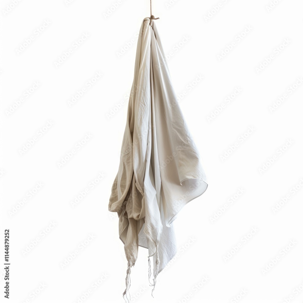 Poster light fabric hanging on a rope on a white background showing texture