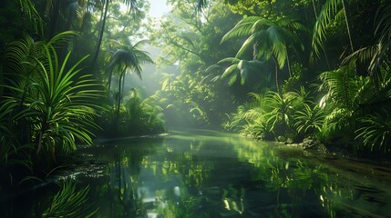Fototapeta premium Panoramic view of misty and foggy tropical forest.