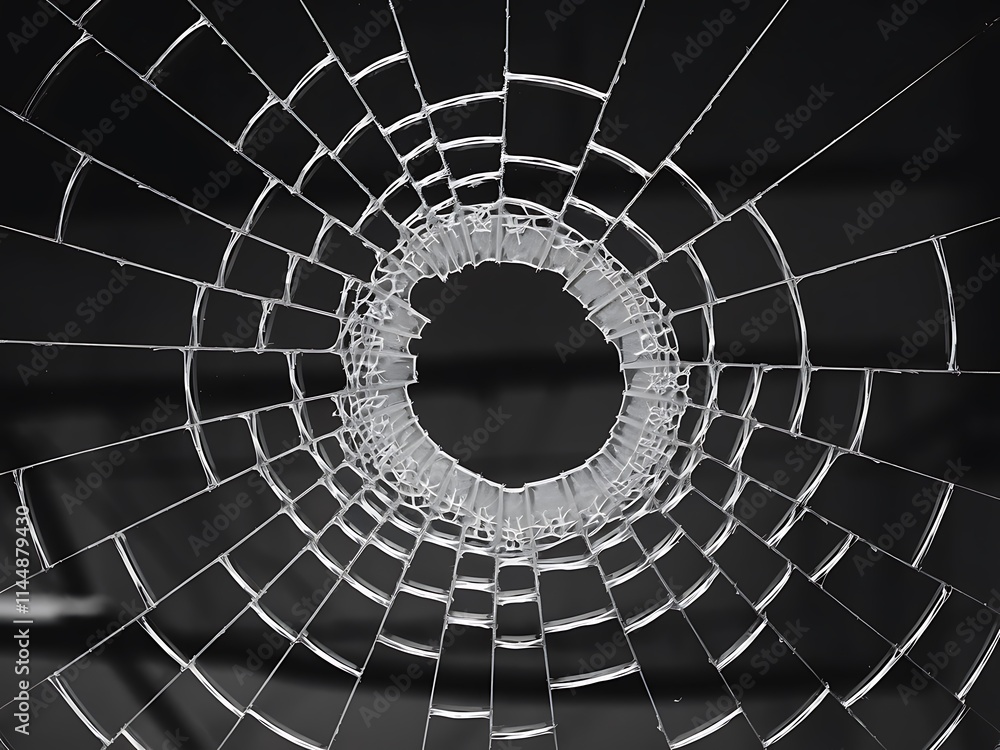 Poster abstract fractal background with circles, stark black-and-white image of a broken glass window with 