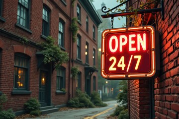 Vintage "Open 24/7" sign on brick wall in cozy alley with historical architecture