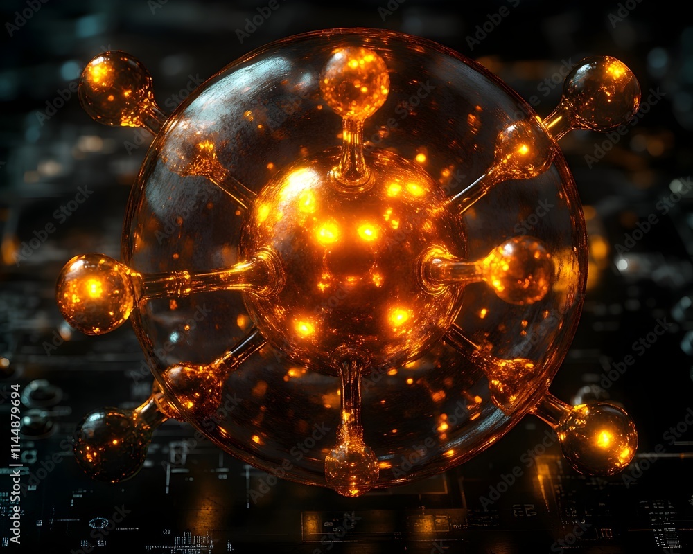 Poster detailed exploded view of a technetium atom revealing its internal components and highlighting the r