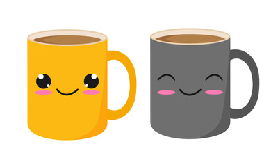 Cartoon cute coffee mugs in Kawaii style. Isolated on white background. Vector illustration in a flat style. Flat design.	
