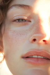 Naklejka premium Caucasian young female close-up with freckles in natural light