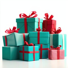 Colorful stacked gift boxes wrapped in teal and red ribbons, perfect for celebrations and special occasions.