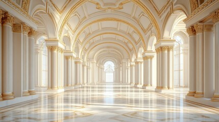 Sunlit grand hall with marble floor and columns.