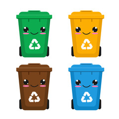 Plastic trash cans in Kawaii style. Isolated on a white background. Vector illustration in flat style.	
