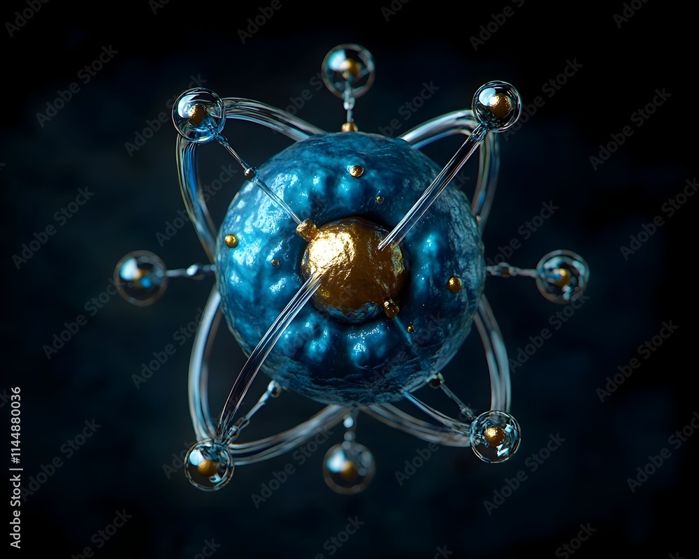 Poster exploded view of a technetium atom displaying its internal components and highlighting the critical 