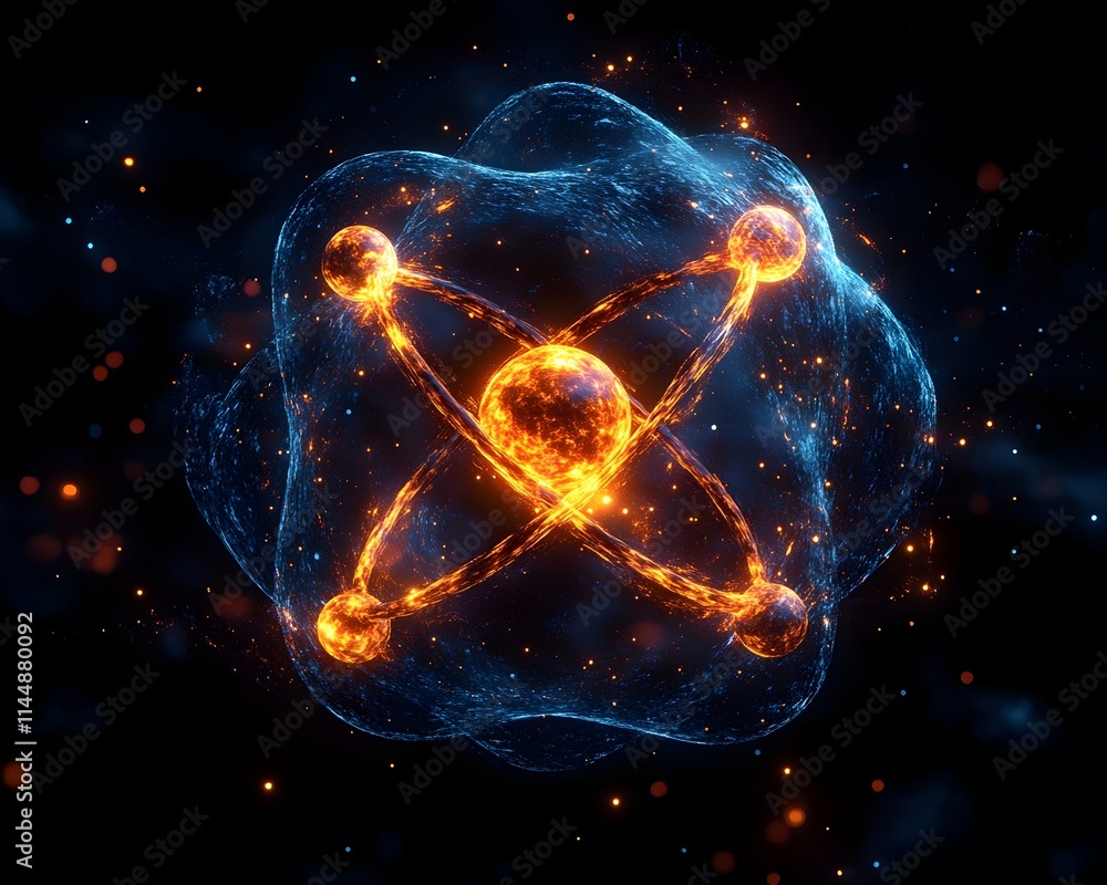 Poster exploded view of a technetium atom revealing its internal components and highlighting the role of it