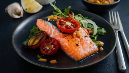 Grilled salmon fillet. Salmon covered with a thick golden brown garlic-butter sauce, garnished with dried tomatoes and onions baked in the oven.