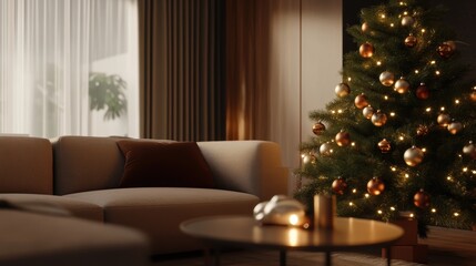 A cozy living room featuring a beautifully decorated Christmas tree, warm lighting, and elegant furnishings, perfect for holiday gatherings.