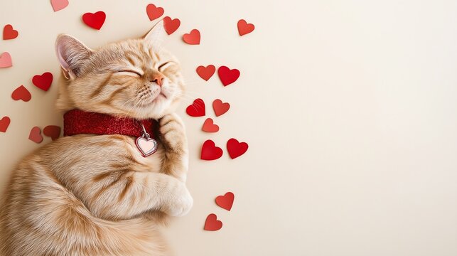 A close-up of a content tabby cat wearing a red collar with a silver heart charm, gently holding a plush red heart. Ideal for love and pet-related themes, Valentine's day gift and presents with love