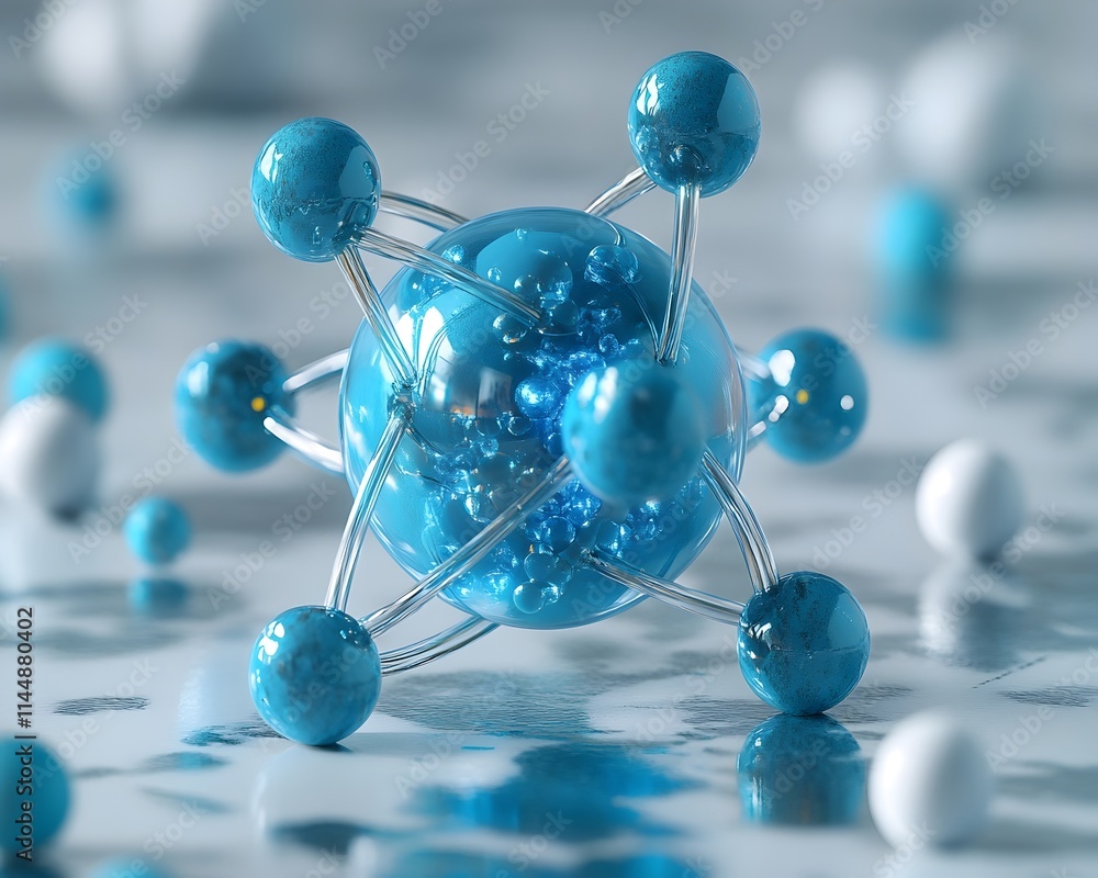 Poster exploded view of a technetium atom deconstructing its internal structure and demonstrating its pract