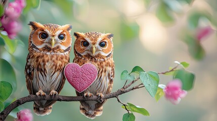 Fototapeta premium Two owls showing love with pink heart on a branch
