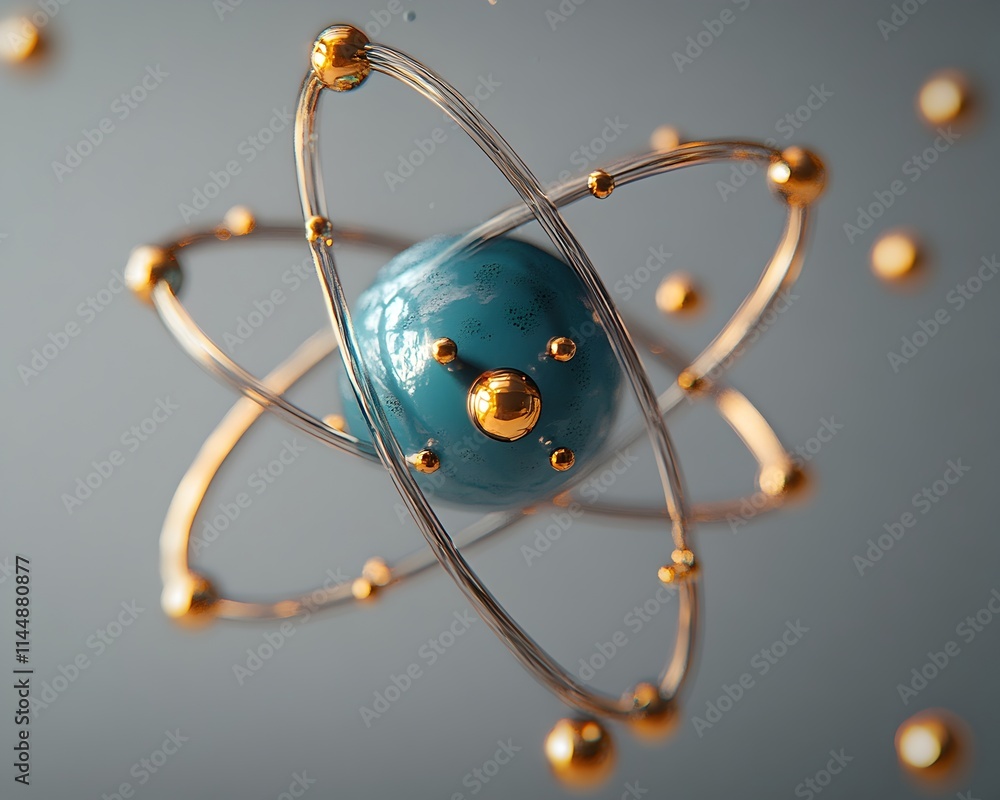 Poster exploded view of a technetium atom deconstructing its internal structure and demonstrating its pract