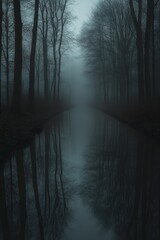 Fototapeta premium Misty canal, bare trees reflected in still water.