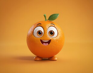 Cute 3d happy face orange cartoon character fruit  with a smile in cheerful mood isolated on orange yellow background