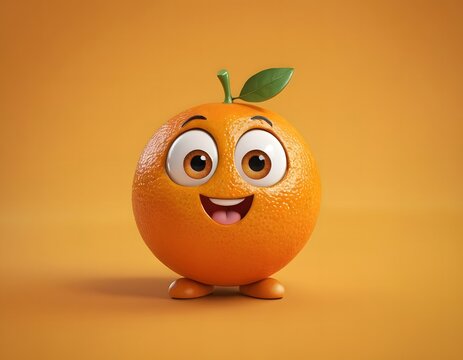 Cute 3d happy face orange cartoon character fruit  with a smile in cheerful mood isolated on orange yellow background