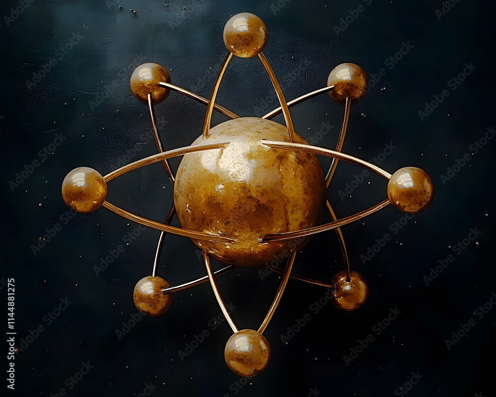 Poster exploded technical diagram or schematic of the internal structure of a technetium atom deconstructin