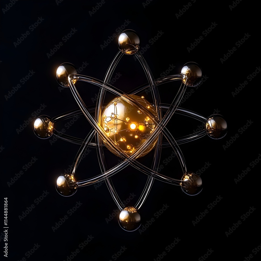 Poster exploded view of a technetium atom deconstructing its internal structure and demonstrating its pract