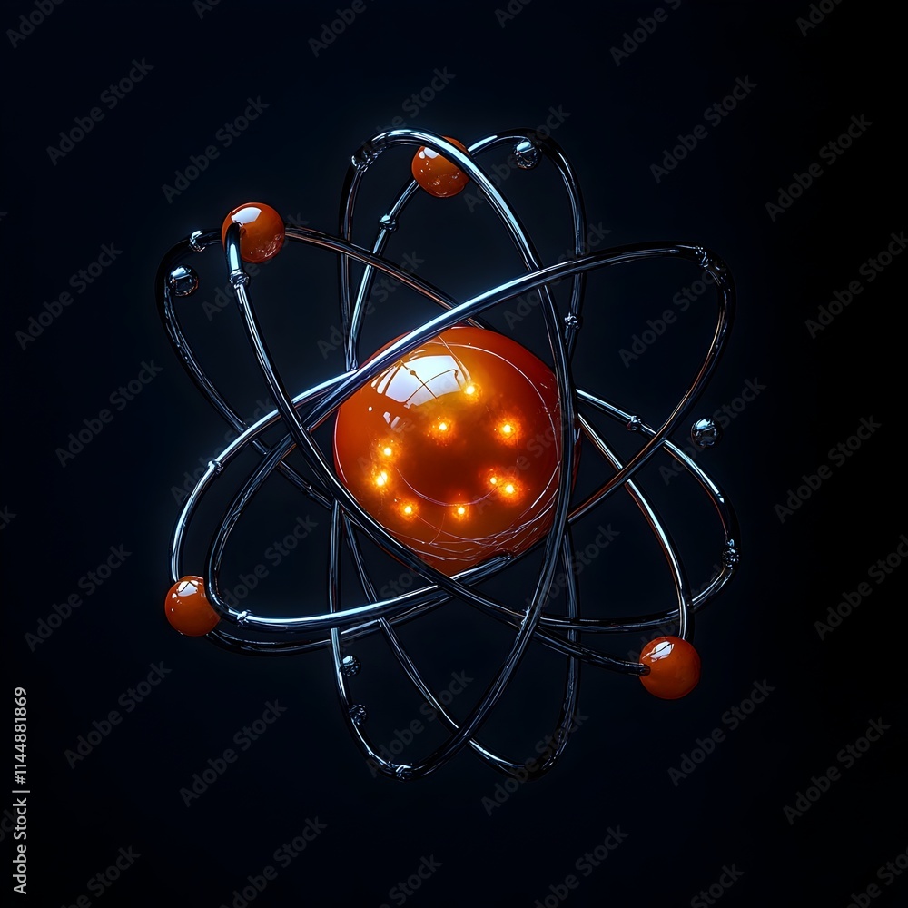 Poster exploded view of a technetium atom deconstructing its internal structure and demonstrating its pract