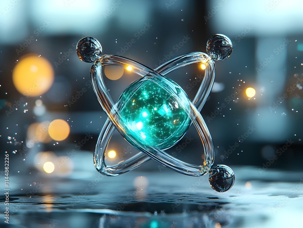 Poster transparent view of a technetium atom revealing its internal composition and diverse uses in cutting