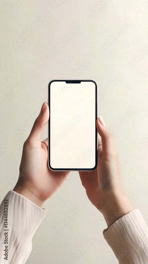 Poster hands hold a blank smartphone against a neutral background to depict technology usage and mobile com