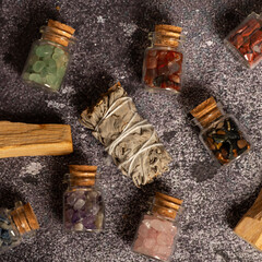 Crystals gemstones Set on white wooden table. minerals for esoteric spiritual practice