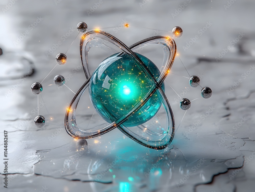 Poster transparent view of a technetium atom revealing its intricate internal structure subshells and orbit