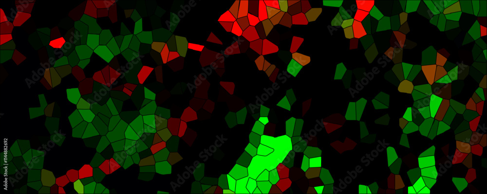Poster dark red and green broken stained glass background with black lines. voronoi diagram background. sea