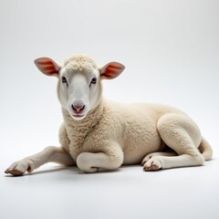 Fototapeta premium Soft White Sheep Lying Calmly Against Clean White Backdrop