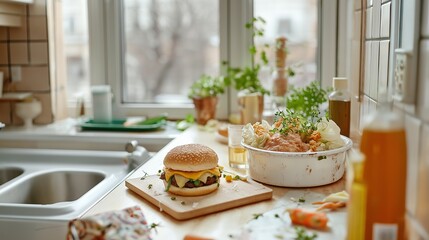 A realistic portrayal of a bachelor's kitchen, featuring an overflowing trash can, messy countertops, and everyday kitchen essentials. The image captures an authentic urban