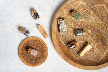 Crystals gemstones Set on white wooden table. minerals for esoteric spiritual practice, Healing Crystal Ritual, Witchcraft, Relax Chakra. Feng Shui, reiki therapy concept. flat lay