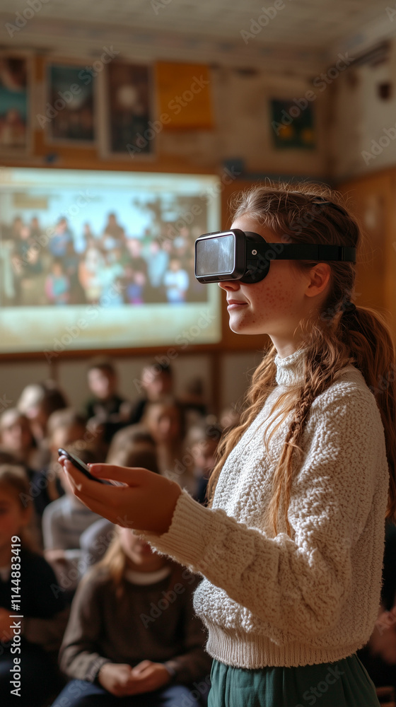 Poster student engages in interactive learning using virtual reality in classroom setting with peers in bac