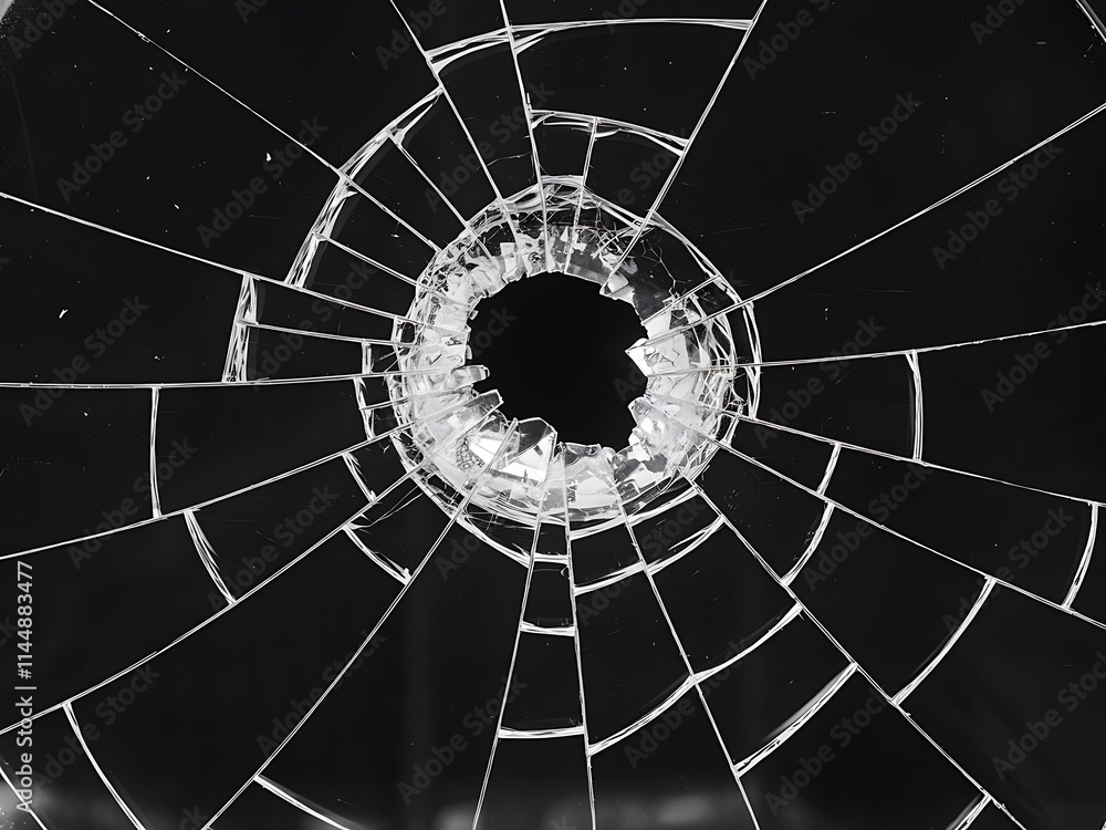Poster abstract fractal background with circles, stark black-and-white image of a broken glass window with 