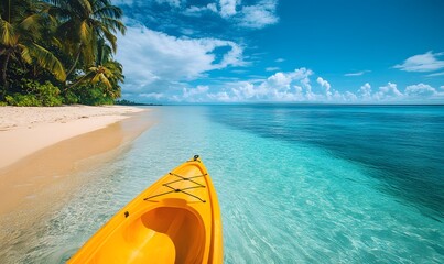 Romantic Canoe Ride on Tranquil Tropical Beach with Golden Sand and Bright Aqua Waters