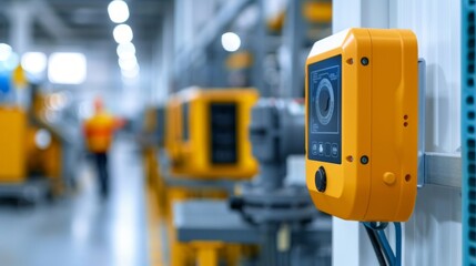 Fototapeta premium Close-up of a gas leak detection sensor on a wall, surrounded by industrial machinery in a factory.