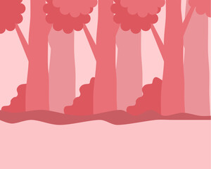 Illustration of soft pink forest scene with stylized trees and bushes, creating a warm, inviting atmosphere